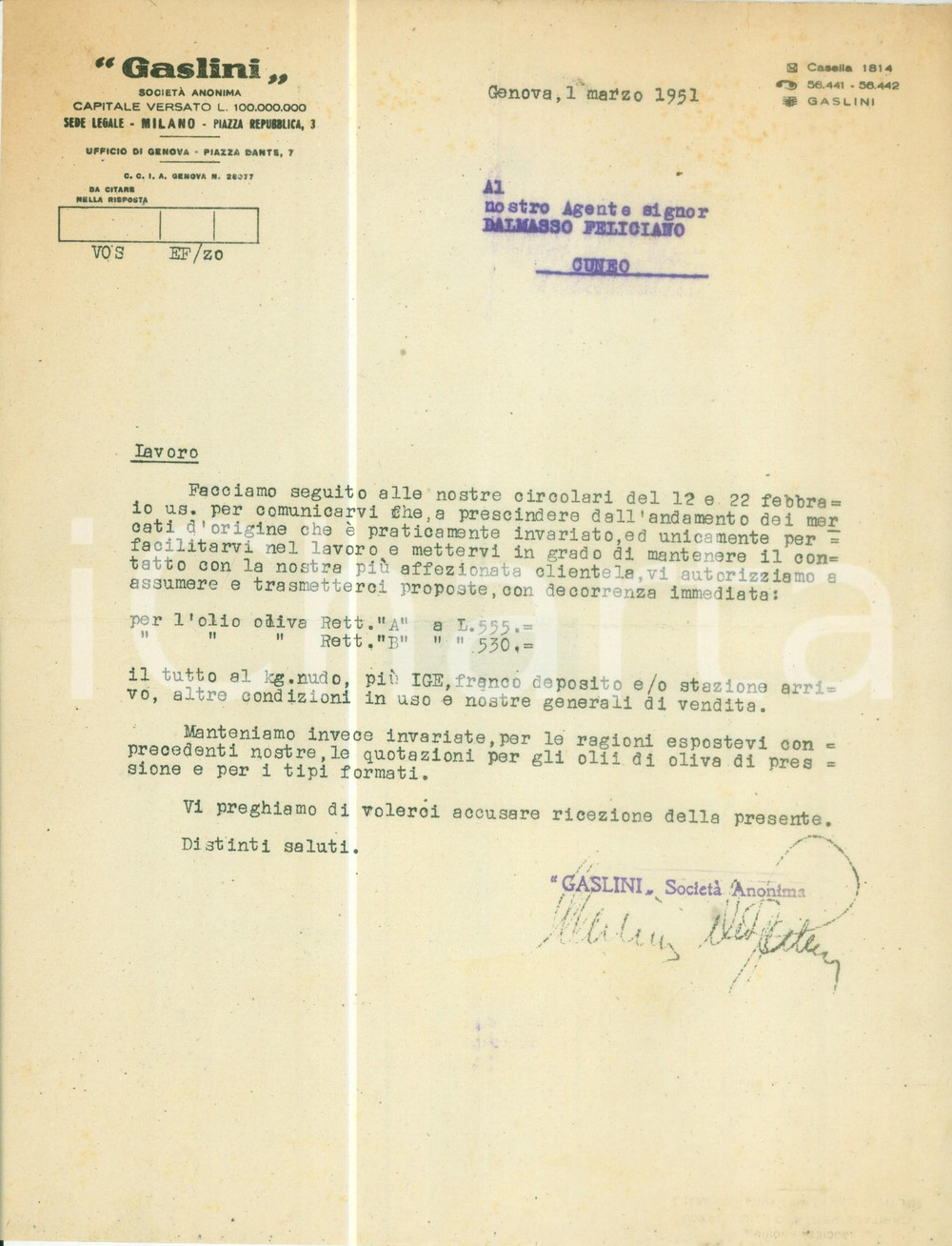 Documento originale, autentico 1951 GENOVA SocietÃ  Anonima GASLINI ordina olio d oliva Documento 1