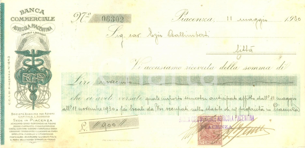 Documento originale, autentico 1930 PIACENZA Banca Commerciale Agricola Piacentina Assegno pubblicitario 1