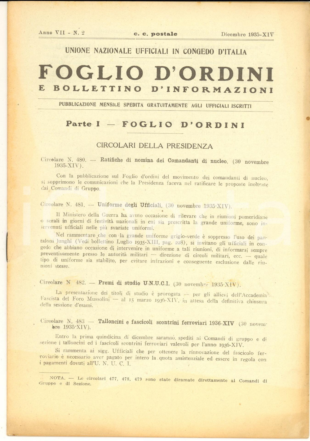 Giornale, rivista storica 1935 U.N.U.C.I. FOGLIO D ORDINI Mortaio d assalto nuova arma per la Fanteria 1