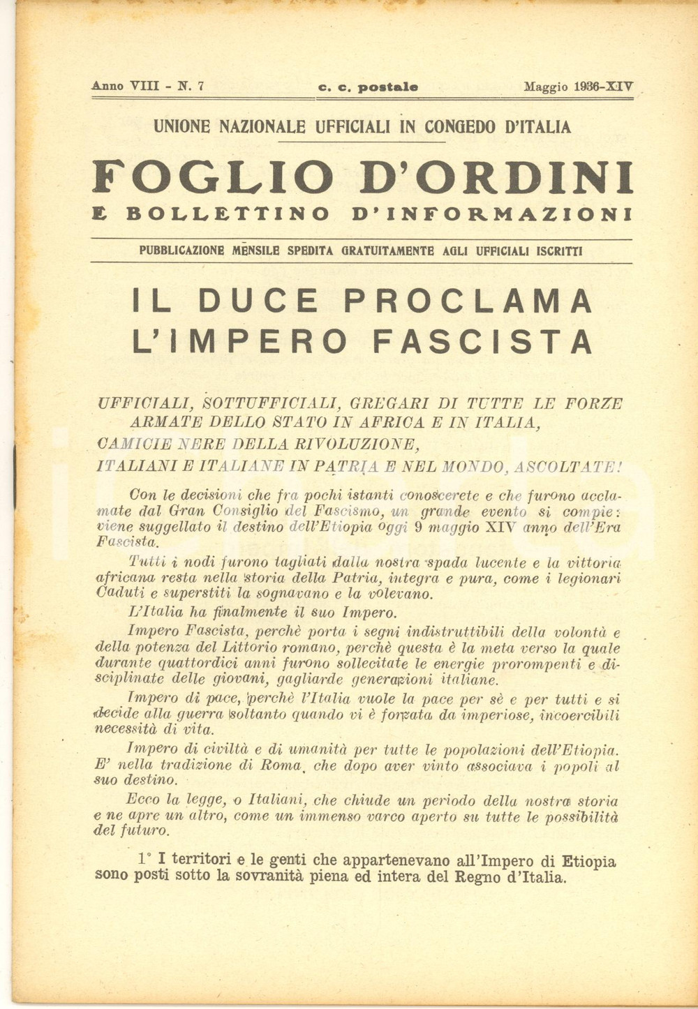 Giornale, rivista storica 1936 U.N.U.C.I. FOGLIO D ORDINI Il Duce proclama l Impero fascista Pubblicazione 1