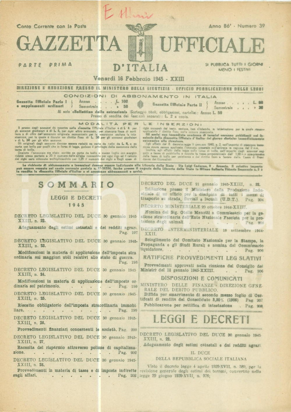 Documento originale, autentico 1945 GAZZETTA UFFICIALE RSI Disciplina mezzi di trasporto su strada fluviali 1