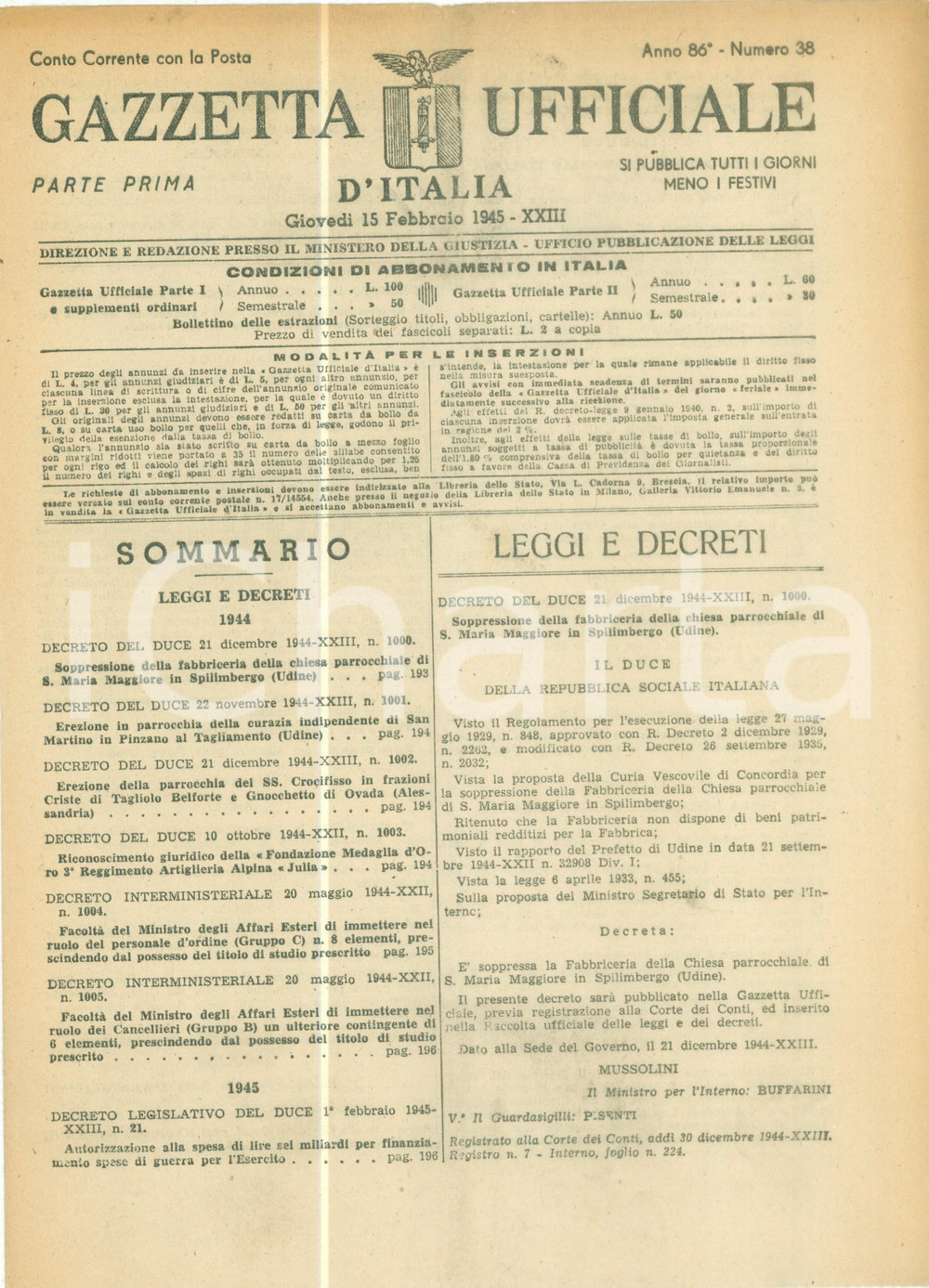 Documento originale, autentico 1945 GAZZETTA UFFICIALE RSI Medaglia d oro 3Â° Reggimento Artiglieria Alpina 1