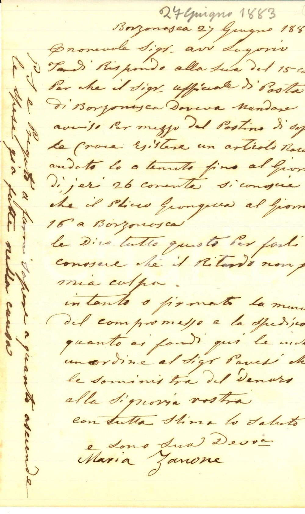 Manoscritto, lettera originale 1883 BORZONASCA Maria ZANONE si scusa per ritardo con l avv. Vittorio LAGORIO 1