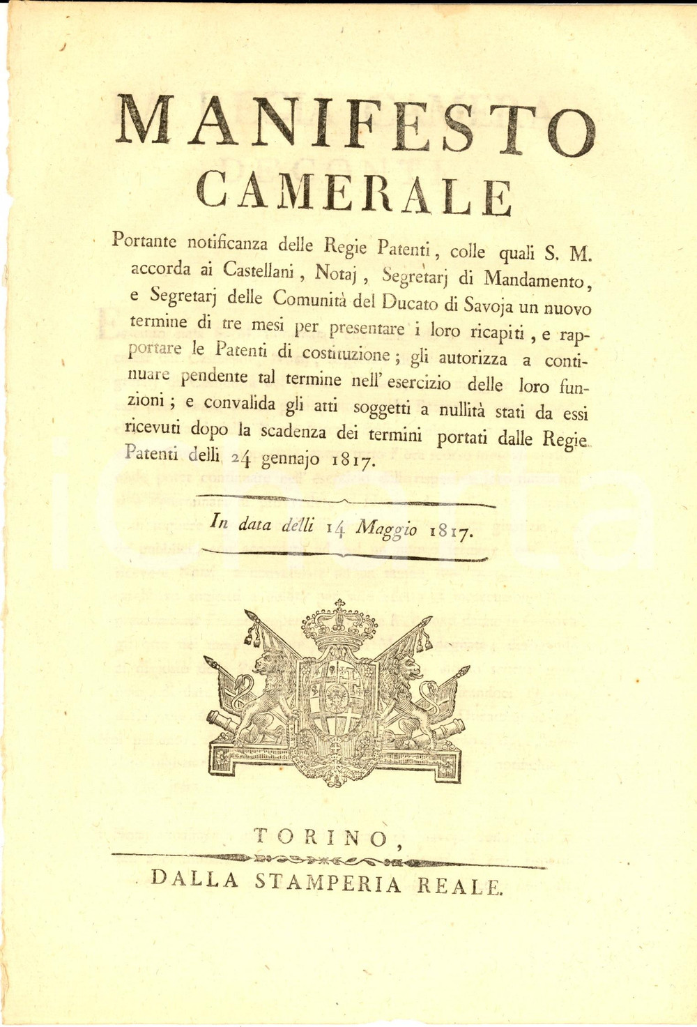 Documento originale, autentico 1817 TORINO REGIO EDITTO Proroga notifiche per notai, segretari e castellani 1