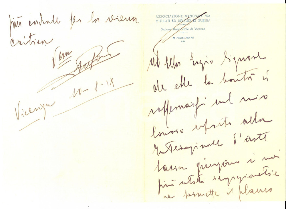 Manoscritto, lettera originale 1931 VICENZA Associazione Mutilati ed Invalidi di Guerra  Lettera presidente 1