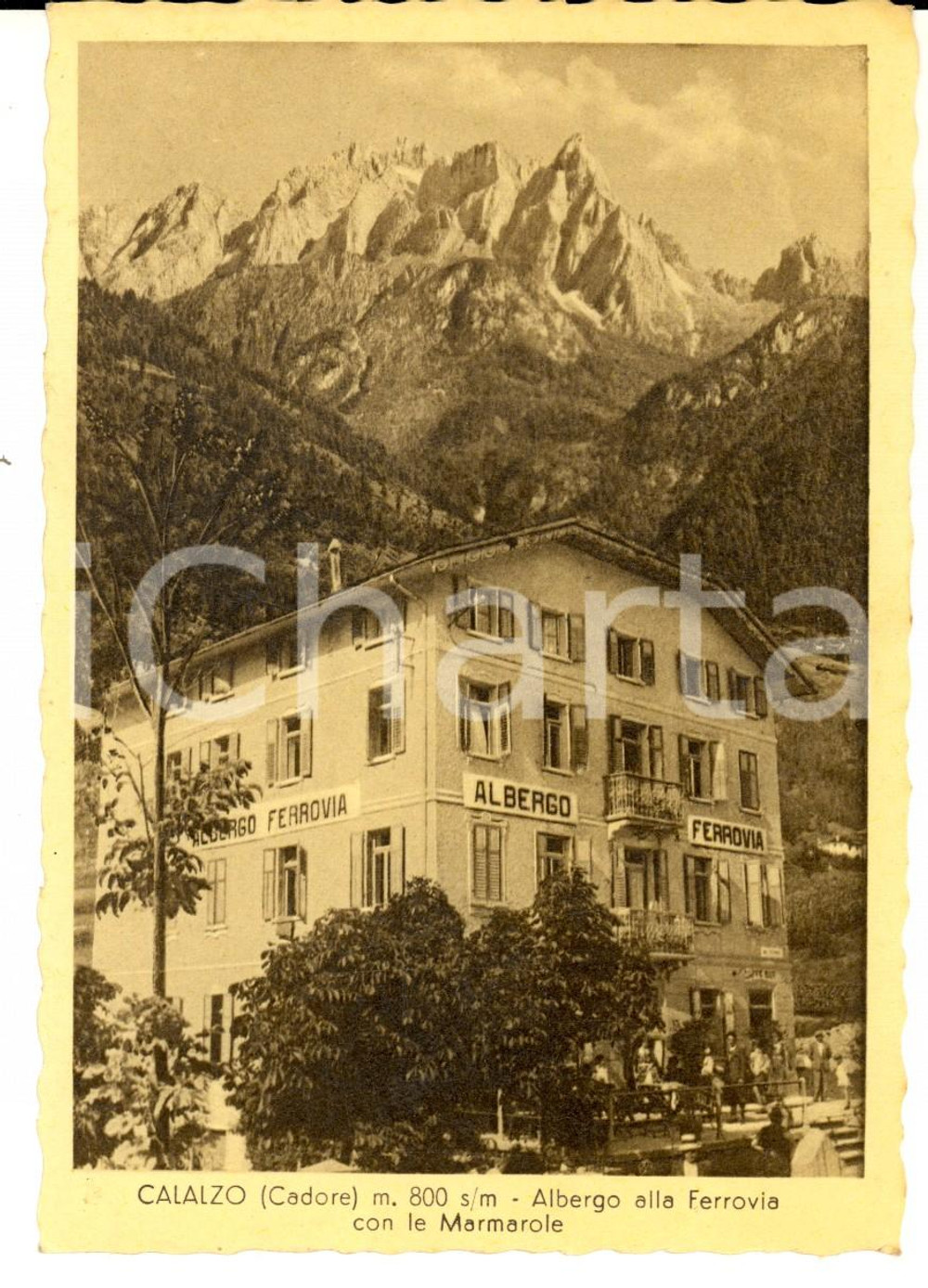 Cartolina originale da collezione 1950 ca CALALZO DI CADORE Albergo alla Ferrovia con le Marmarole Cartolina FG 1