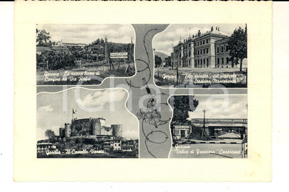 Cartolina originale da collezione 1950 ca GORIZIA Vedutine con valichi di frontiera e via RAFUT Cartolina FG VG 1