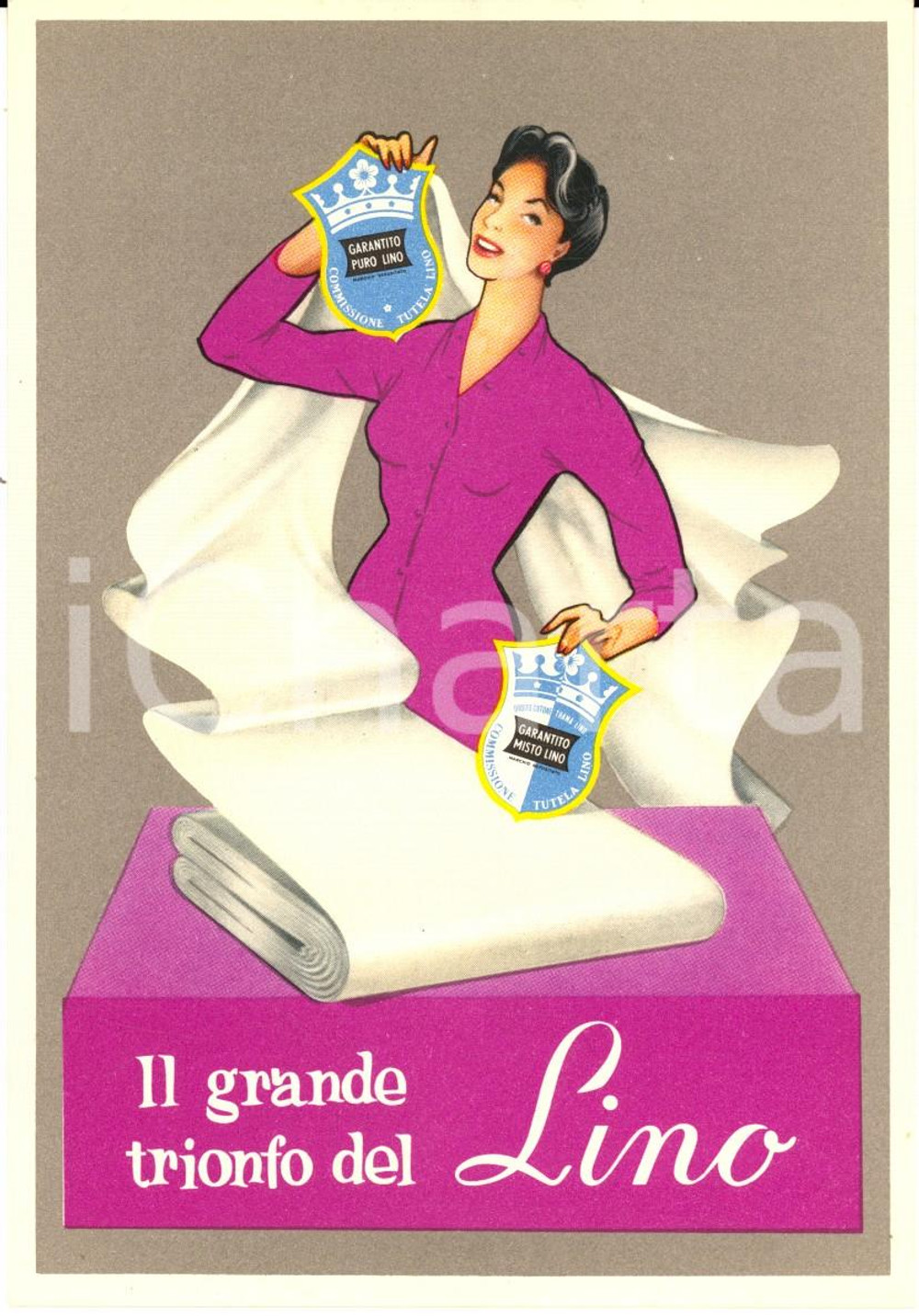 Cartolina originale da collezione 1960 ca COMMISSIONE TUTELA LINO Grande trionfo Cartolina pubblicitaria FG NV 1