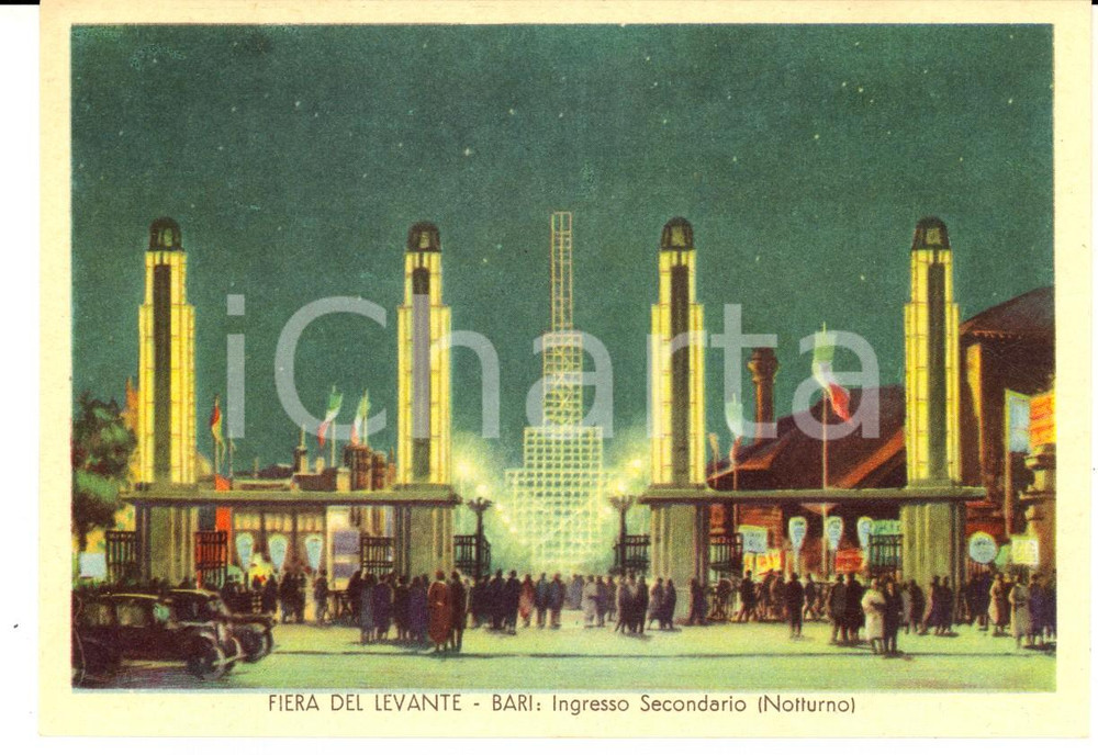 Cartolina originale da collezione 1935 BARI Fiera del LEVANTE  Ingresso secondario notturno Cartolina FG NV 1