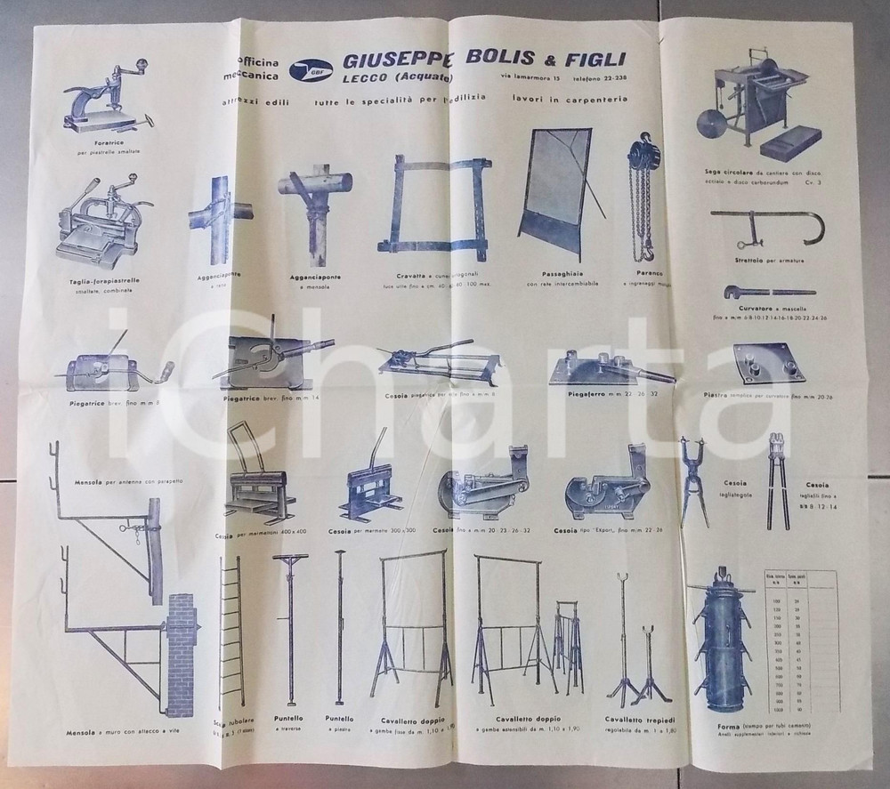 Documento originale, autentico 1930 ca LECCO ACQUATE Ditta Giuseppe BOLIS Attrezzi edili Manifesto 60x50 cm 1