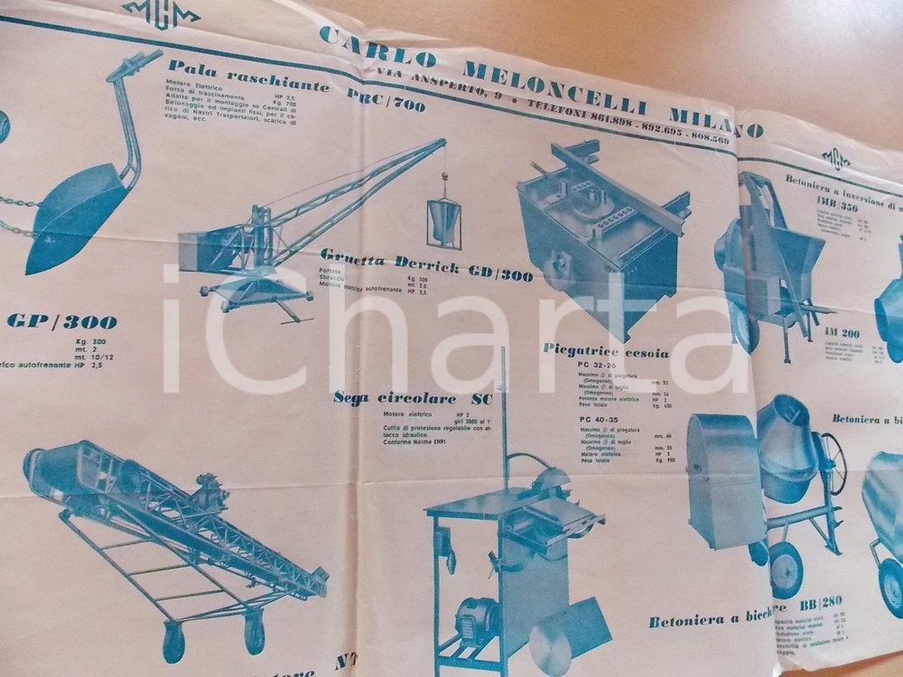 Materiale pubblicitario d’epoca 1950 ca MILANO Ditta Carlo MELONCELLI Betoniere e gruette Manifesto 60x33 cm 1