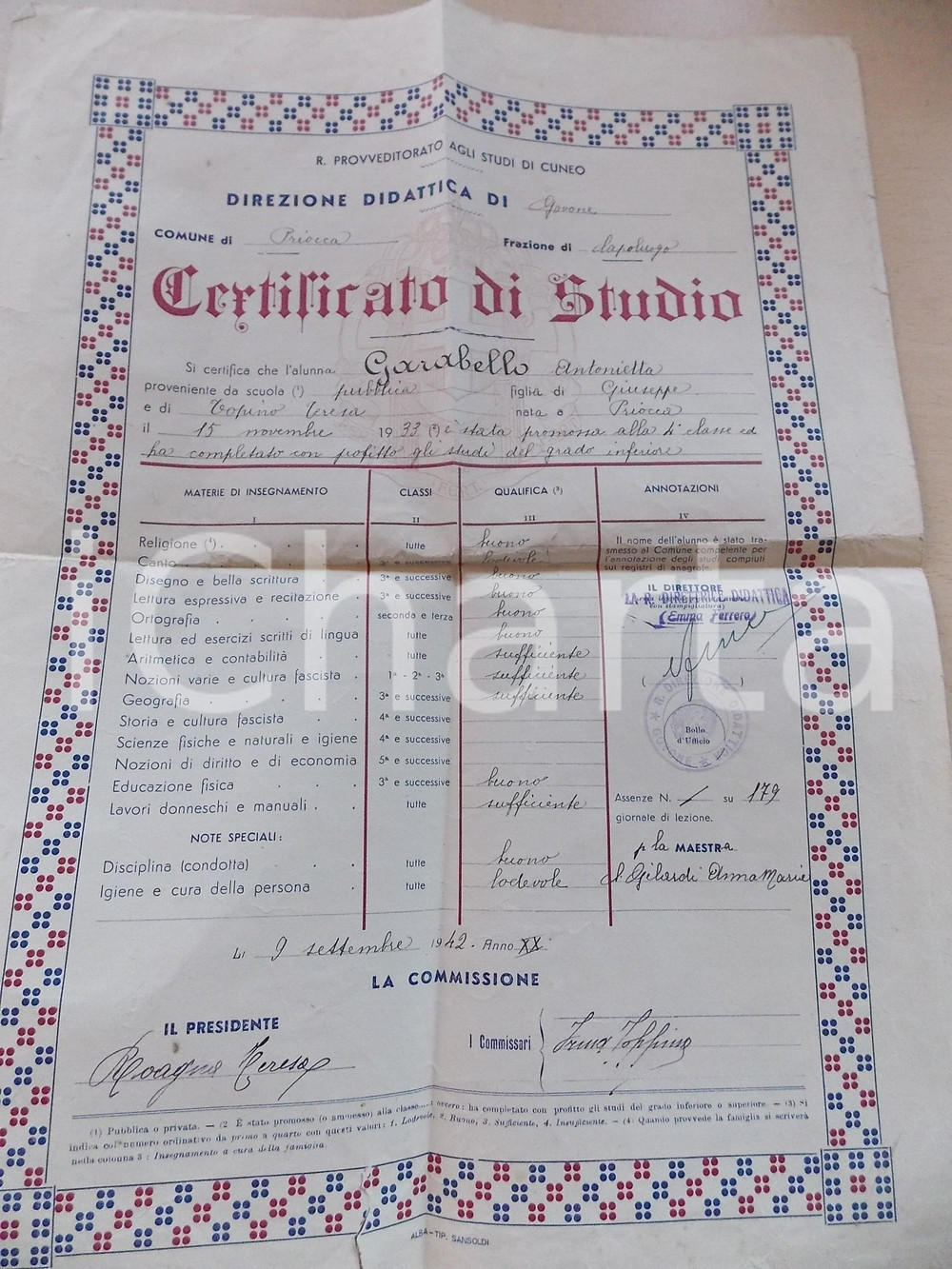 Oggetto da collezione cartaceo 1942 PRIOCCA CN Certificato di studio Antonietta GARABELLO  Ciclo inferiore 1