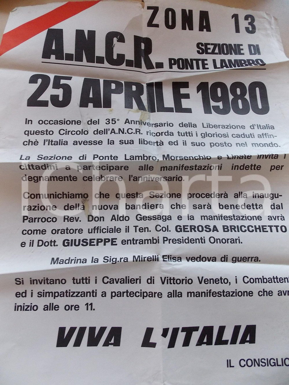 Documento originale, autentico 1980 ANCR PONTE LAMBRO Celebrazione del 25 aprile Manifesto 50x70 DANNEGGIATO 1