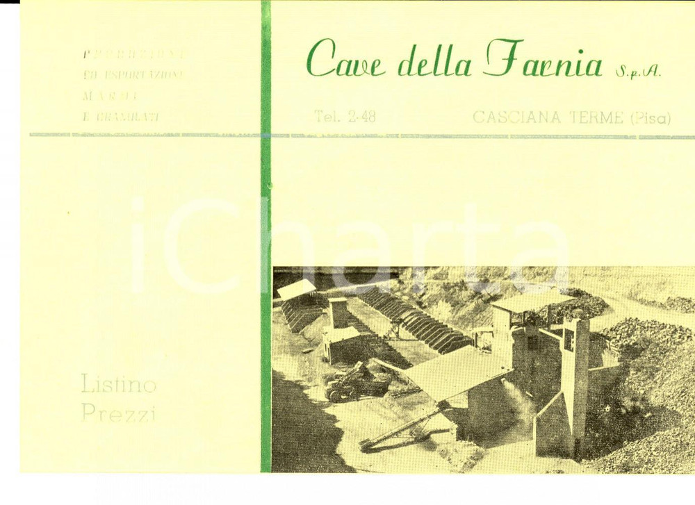 Materiale pubblicitario d’epoca 1950 ca CASCIANA TERME Cave della FARNIA  Listino prezzi dei granulati 1