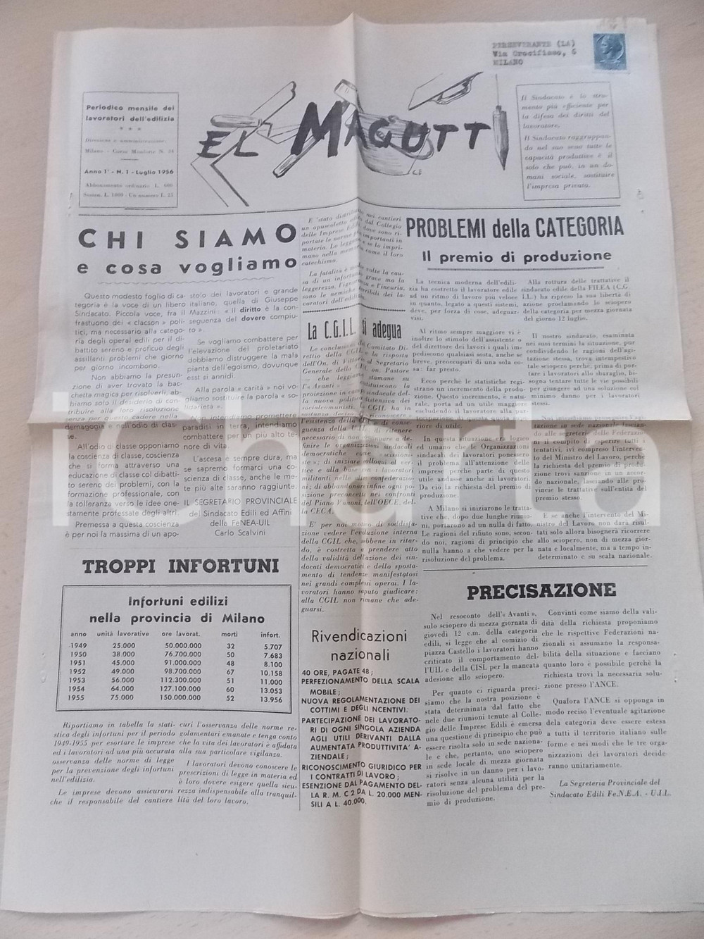 Giornale, rivista storica 1956 MILANO EL MAGUTT Chi siamo e cosa vogliamo Giornale edilizia anno I n° 1 1