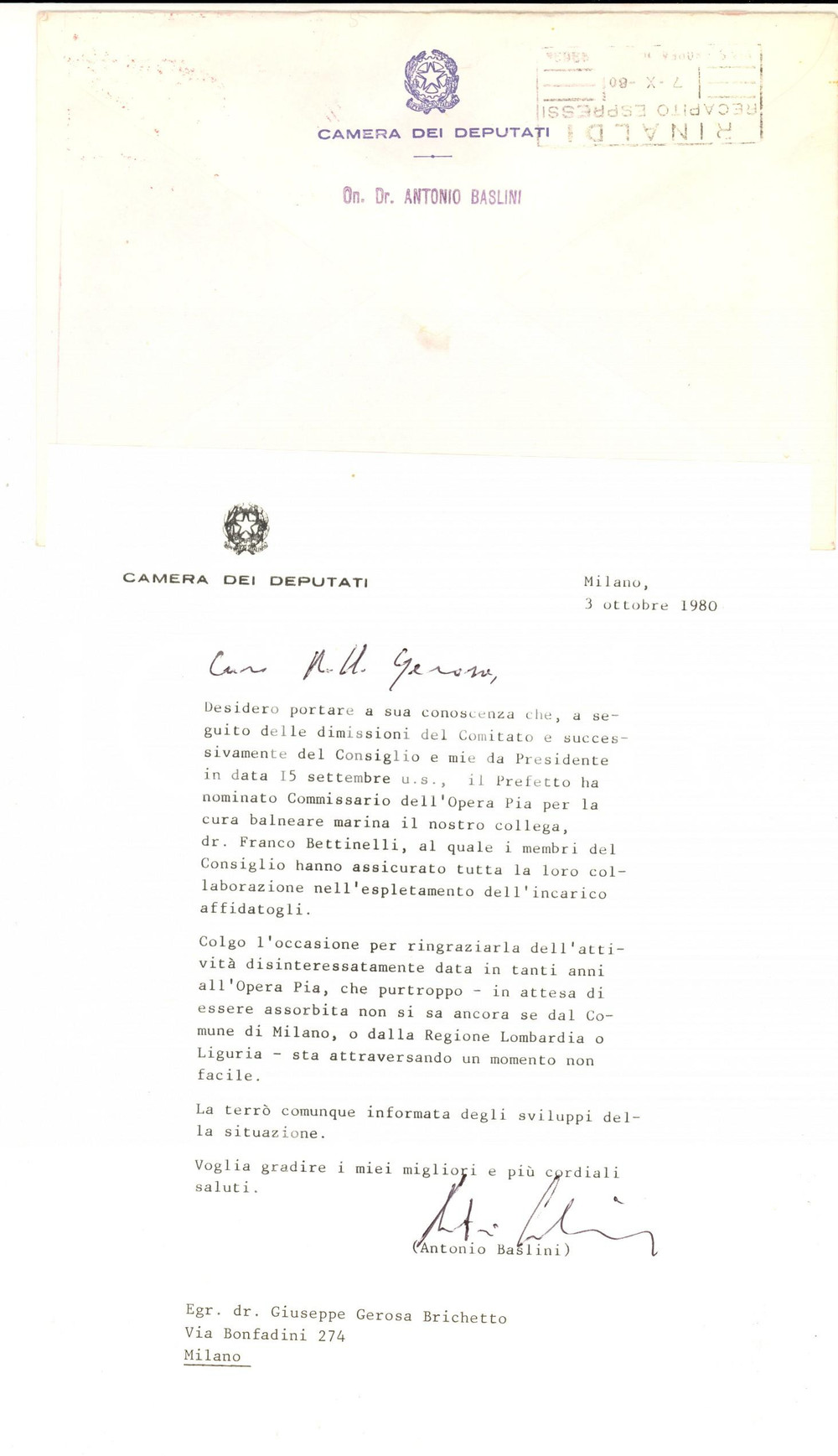 Autografo originale 1980 MILANO Nomina Franco BETTINELLI per Opera Pia Antonio BASLINI Autografo 1