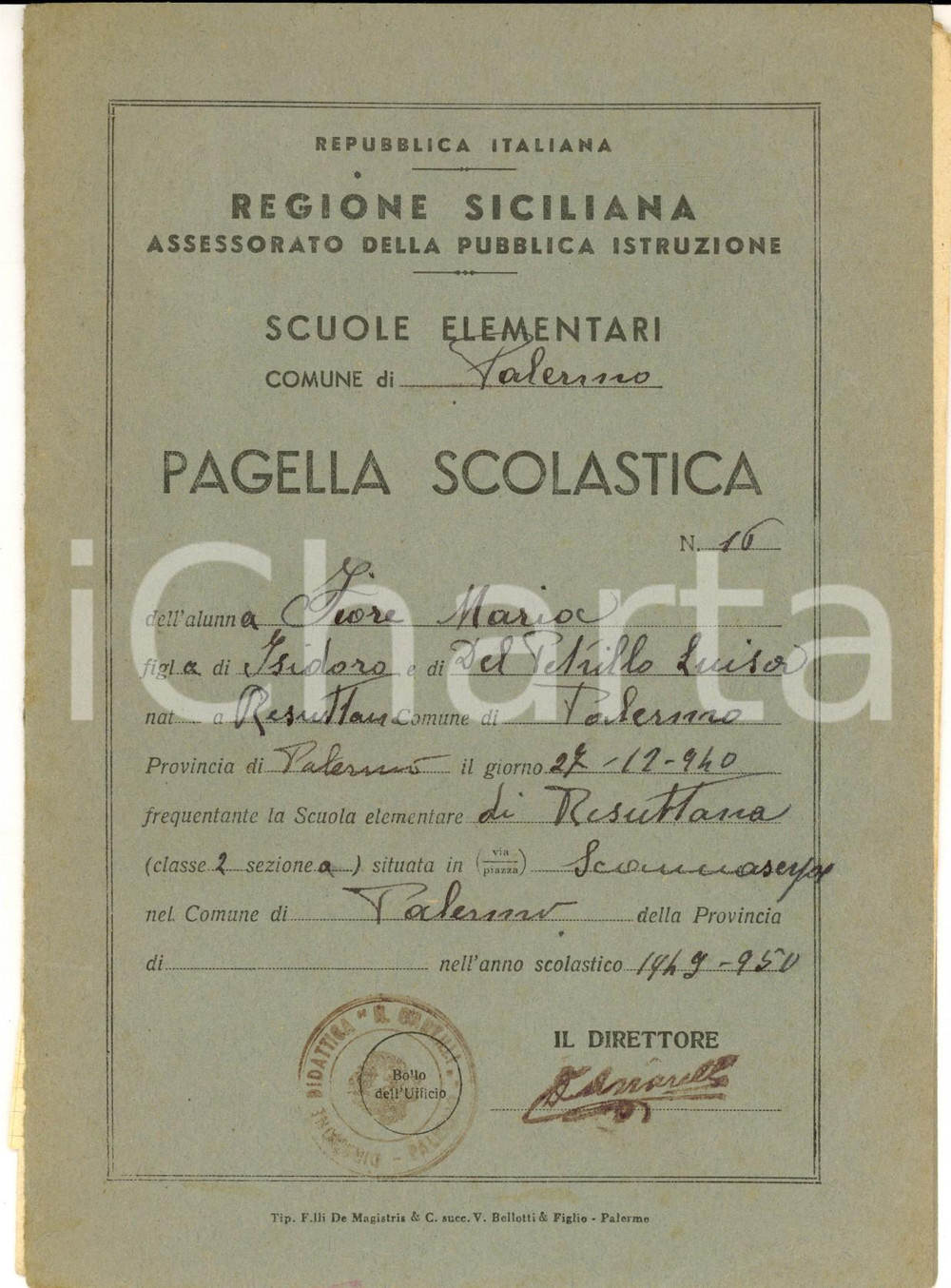 Oggetto da collezione cartaceo 1950 PALERMO RESUTTANA Pagella Maria FIORE Scuola elementare DANNEGGIATA 1