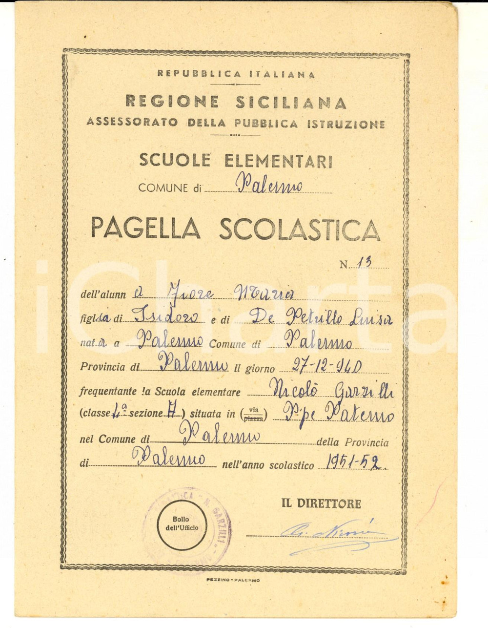 Oggetto da collezione cartaceo 1951 PALERMO Scuola elementare NicolÃ² GARZILLI  Pagella di Maria FIORE 1