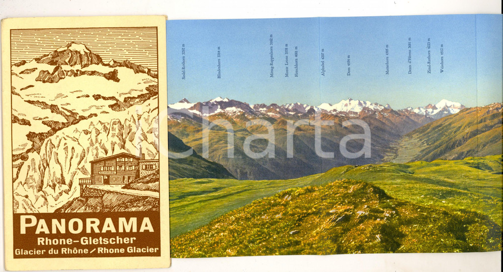 Materiale pubblicitario d’epoca 1960 ca SVIZZERA Veduta del GHIACCIAIO DEL RODANO Pieghevole a colori 120x17 1