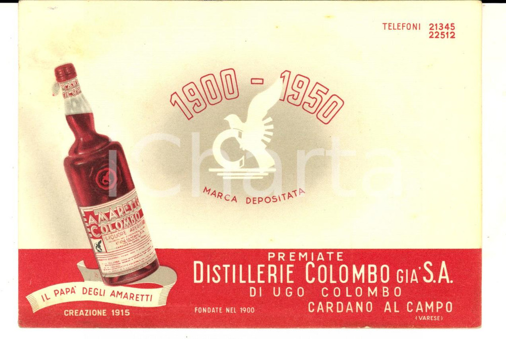 Materiale pubblicitario d’epoca 1950 CARDANO AL CAMPO VA Distillerie COLOMBO  Amaretto Cartolina FG 1