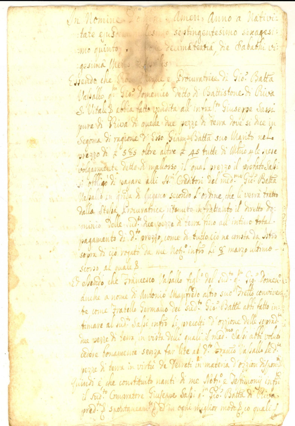 Documento originale, autentico 1765 RIVA SAN VITALE Atto rinuncia su terre Giuseppe SASSI pro fratelli VASSALLO 1