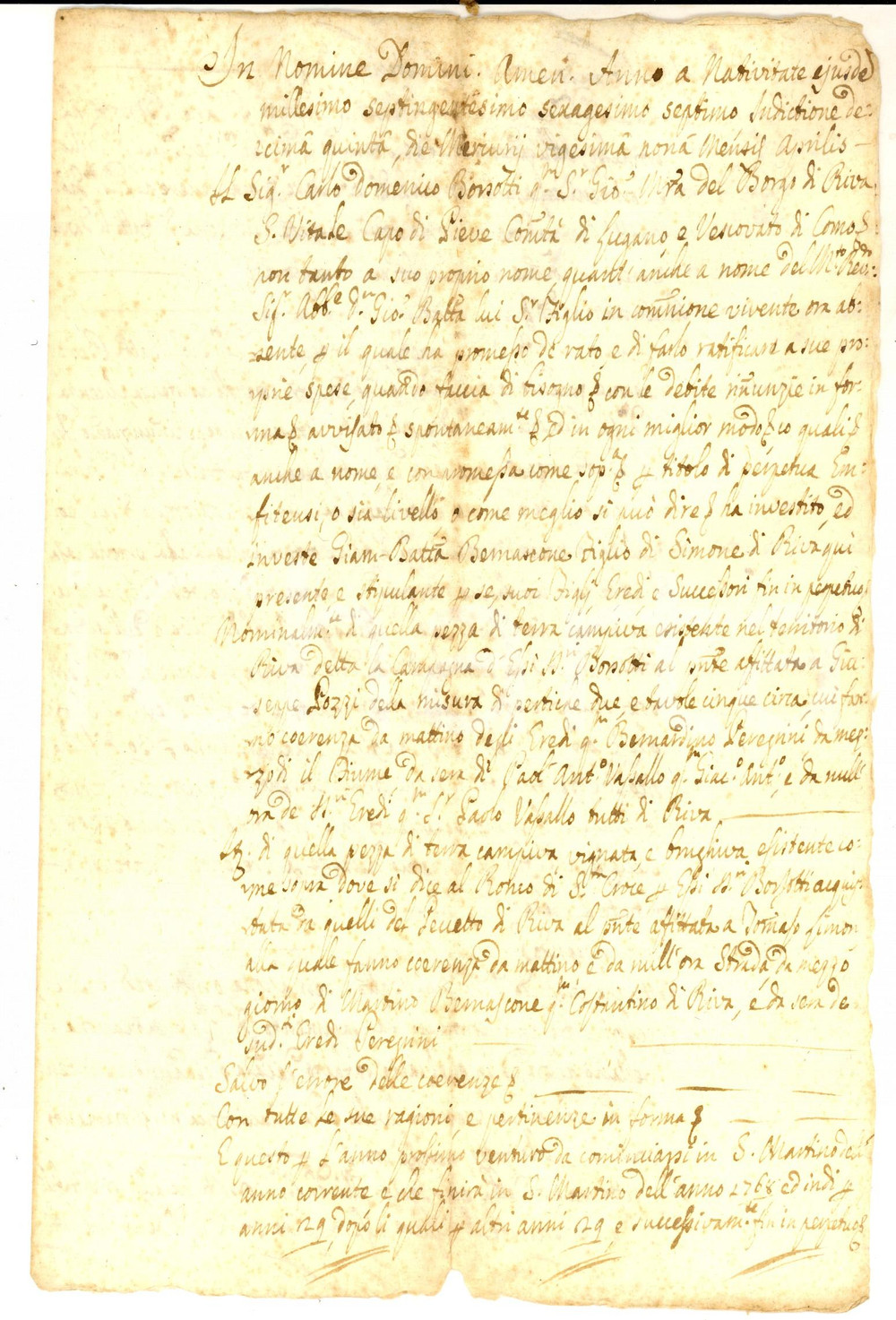 Documento originale, autentico 1767 RIVA SAN VITALE Livello di Carlo BORSOTTI pro Giovanni Battista BERNASCONE 1
