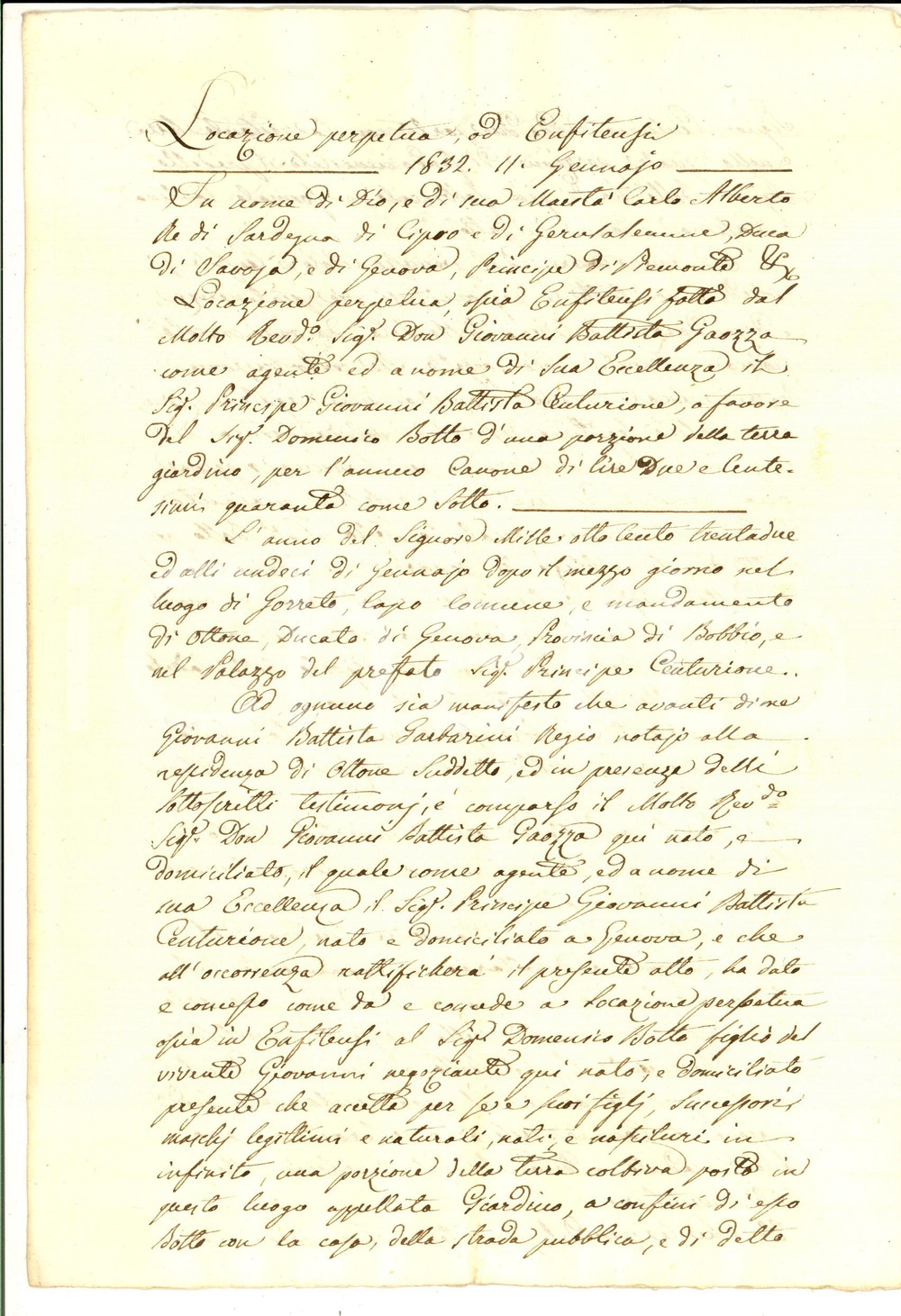 Documento originale, autentico 1832 GENOVA GORRETO Enfiteusi Giovanni Battista CENTURIONE pro Domenico BOTTO 1