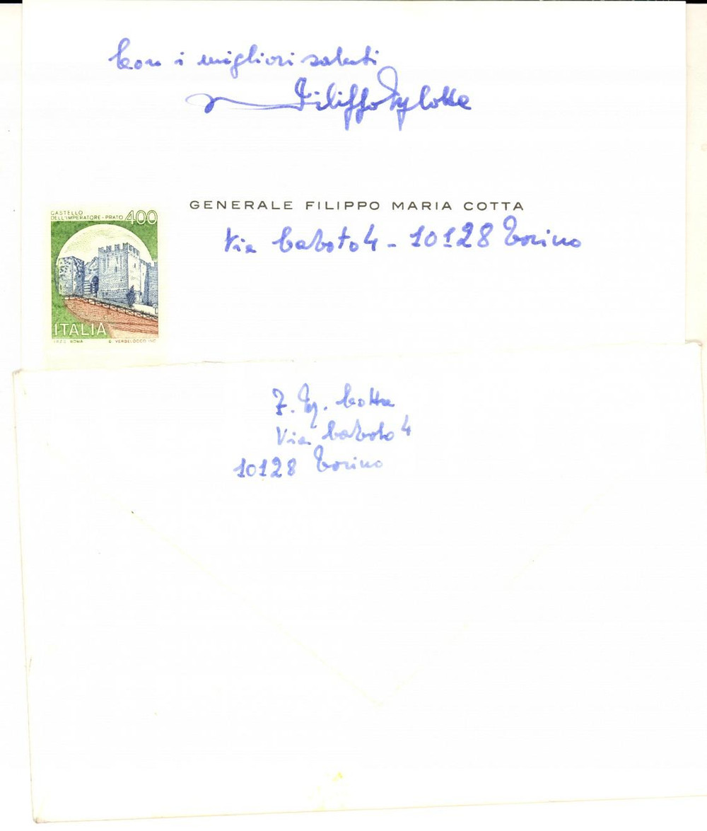 Autografo originale 1980 ca TORINO Biglietto generale Filippo Maria COTTA Autografo 1