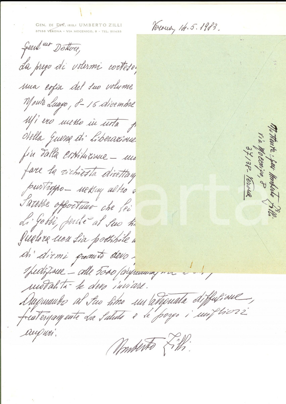 Autografo originale 1983 VERONA Generale Umberto ZILLI ordina volume di memorie Autografo 1