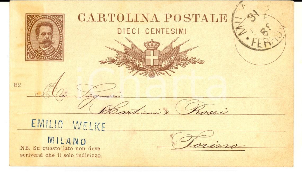 Documento originale, autentico 1883 MILANO Ringraziamenti ditta Emilio WELKE  Cartolina a MARTINI & ROSSI 1