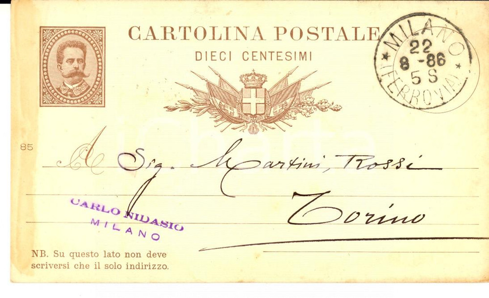 Documento originale, autentico 1886 MILANO Ditta Carlo NIDASIO ordina spiriti a MARTINI & ROSSI Cartolina 1