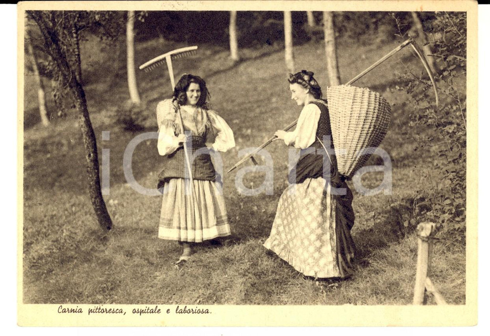 Cartolina originale da collezione 1942 COSTUMI CARNIA Donne con rastrello e gerla Cartolina postale FG VG 1