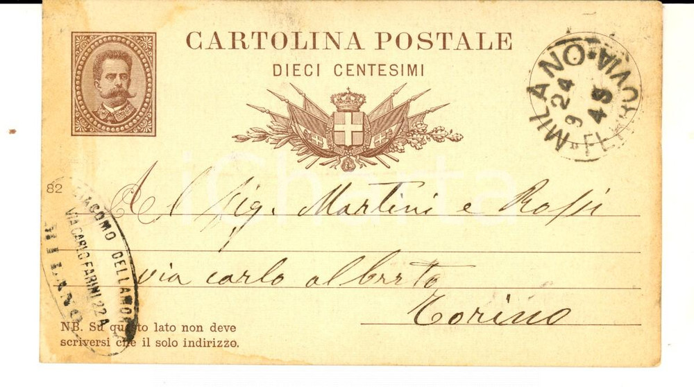 Documento originale, autentico 1883 MILANO via FARINI Ditta Giacomo DELLAMORTE a MARTINI & ROSSI Cartolina 1