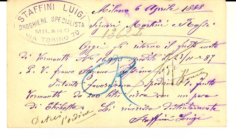 Documento originale, autentico 1888 MILANO via TORINO Drogheria Luigi STAFFINI a MARTINI & ROSSI Cartolina 1