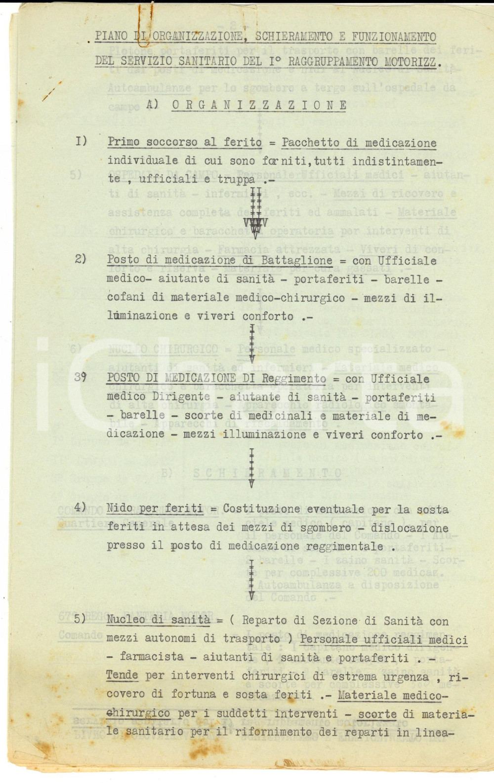 1943 WW2 1°RAGGRUPPAMENTO MOTORIZZATO Piano organizzazione servizio sanitario 1 CONDIZIONI: fairPAGINE: 10  originale e autentica 1