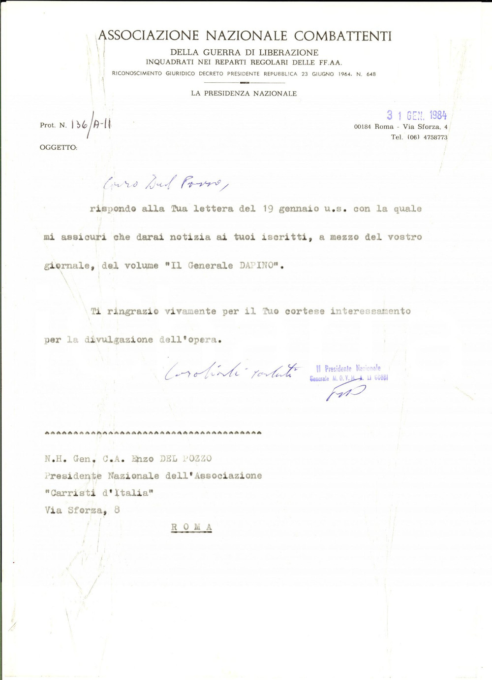 Autografo originale 1984 ROMA Associazione Nazionale Combattenti Lettera gen. Alberto LI GOBBI 1