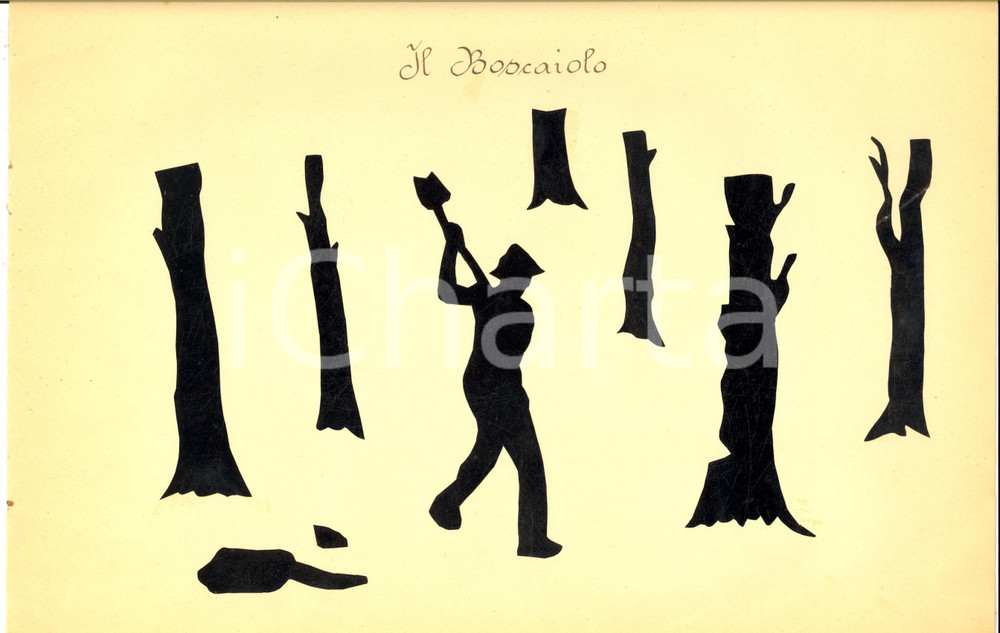 Opera d’arte autentica 1940 ca ARTI E MESTIERI Il boscaiolo al lavoro Collage su carta 34x21 cm 1