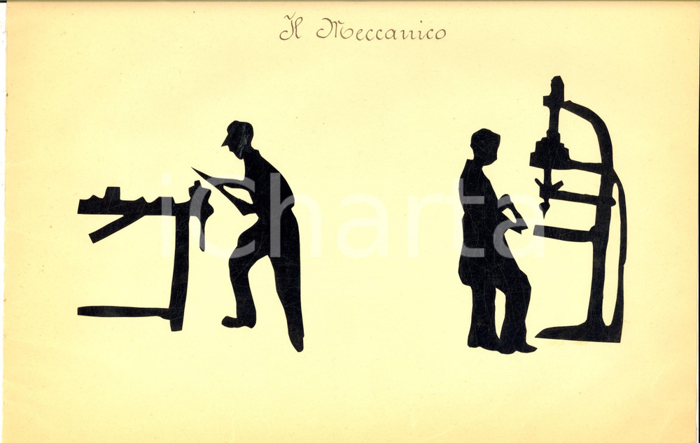 Opera d’arte autentica 1940 ca ARTI E MESTIERI Il meccanico in officina Collage su carta 34x21 cm 1