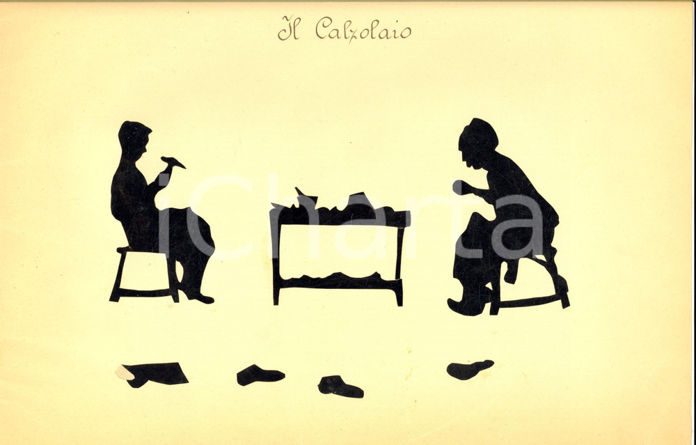 Opera d’arte autentica 1940 ca ARTI E MESTIERI Il calzolaio Collage su carta 34x21 cm 1