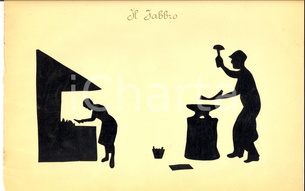Opera d’arte autentica 1940 ca ARTI E MESTIERI Il fabbro in officina Collage su carta 34x21 cm 1