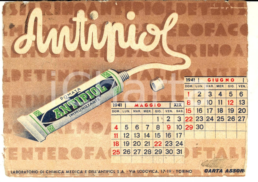 Materiale pubblicitario d’epoca 1941 TORINO Pomata ANTIPIOL immunizzante Carta assorbente con calendario 1