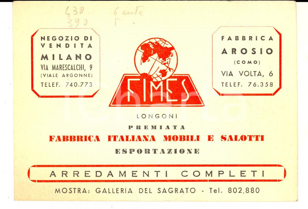 Cartolina originale da collezione 1950 ca AROSIO Fabbrica mobili LONGONI Biglietto pubblicitario DANNEGGIATO 1