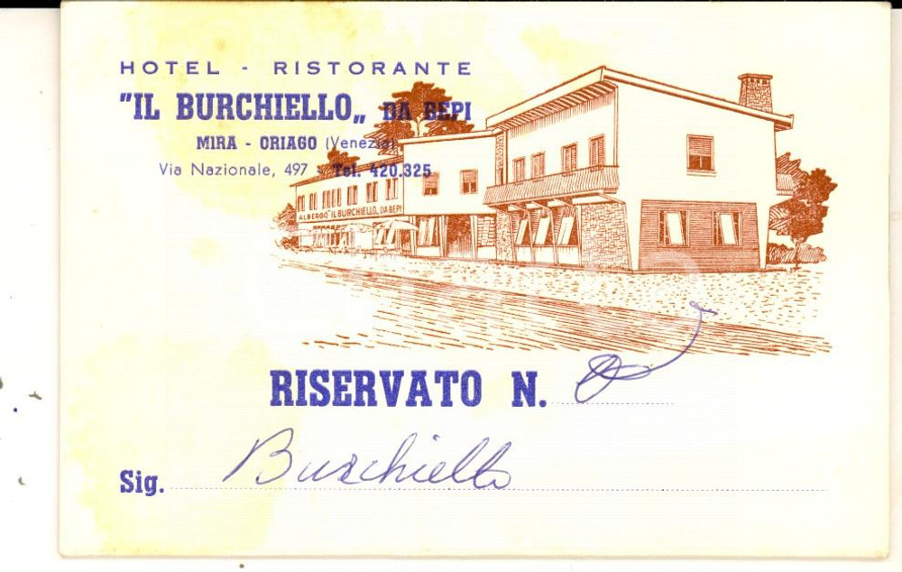 Cartolina originale da collezione 1950 ca MIRA VE Hotel ristorante IL BURCHIELLO Segnaposto pubblicitario 1