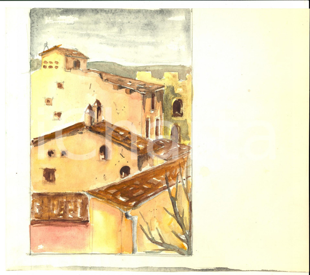 Stampa, bozzetto originale 1940 ca Maria Rosa VACCARONE Tetti di un antico borgo Acquerello 24x21 cm 1
