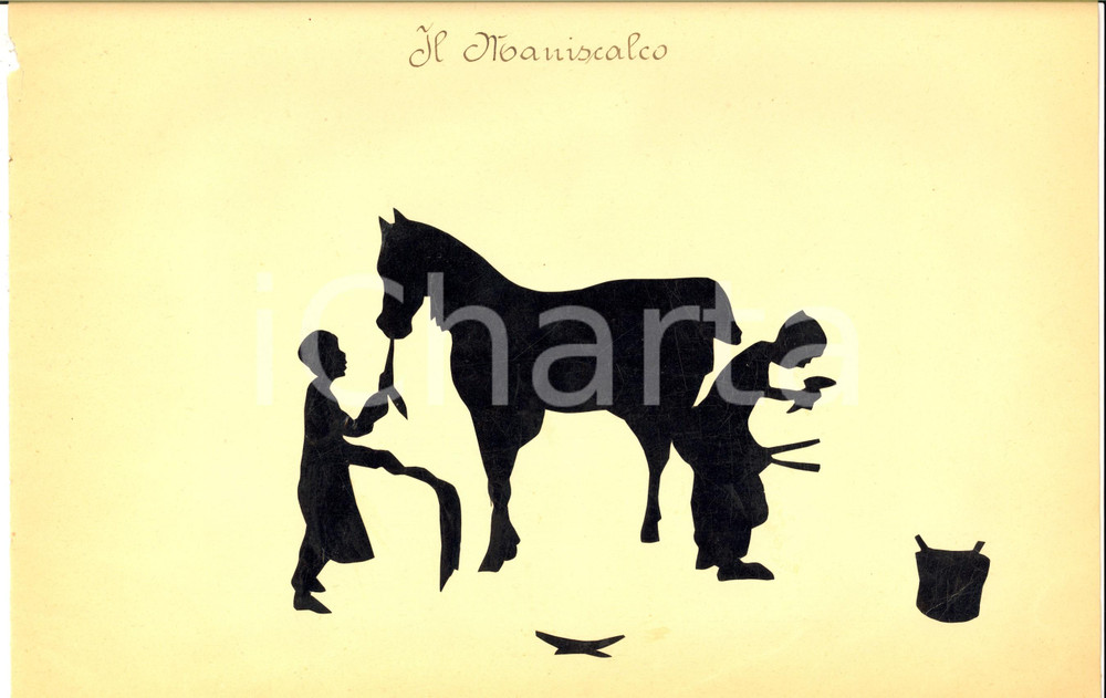 Opera d’arte autentica 1940 ca ARTI E MESTIERI Il maniscalco Collage su carta 34x21 cm 1