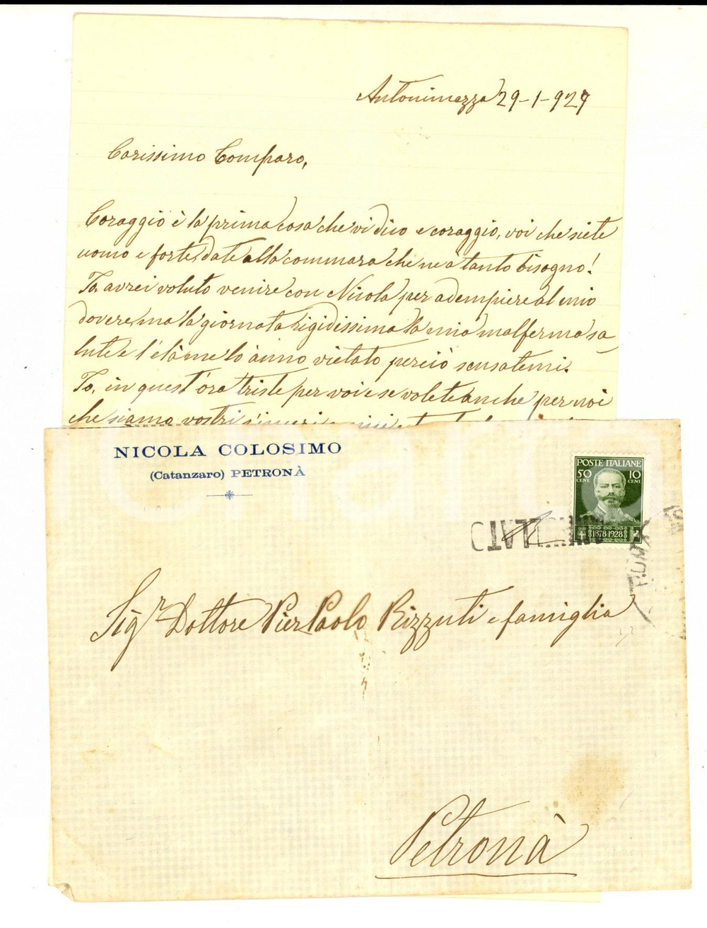 1929 STORIA POSTALE PETRONA' Lettera Nicola COLOSIMO *Cinquantenario morte re