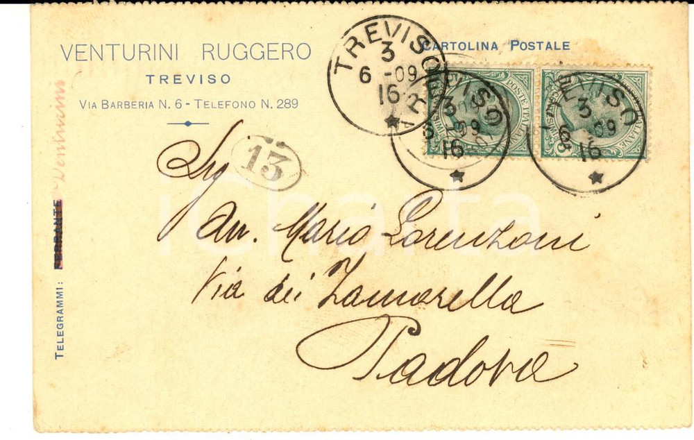 Cartolina originale da collezione 1909 TREVISO Ruggero VENTURINI all avv. Mario Lorenzoni Cartolina intestata 1