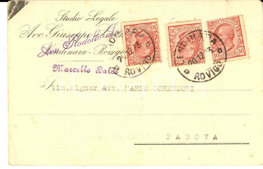 Cartolina originale da collezione 1923 LENDINARA Avv. Giuseppe LORENZONI su conti MALMIGNATI Cartolina intestata 1