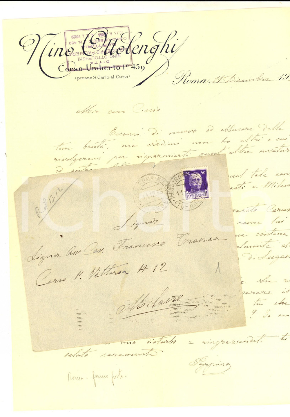 Manoscritto, lettera originale 1933 ROMA Lettera sartoria Nino OTTOLENGHI al cav. Francesco TRONCA 1