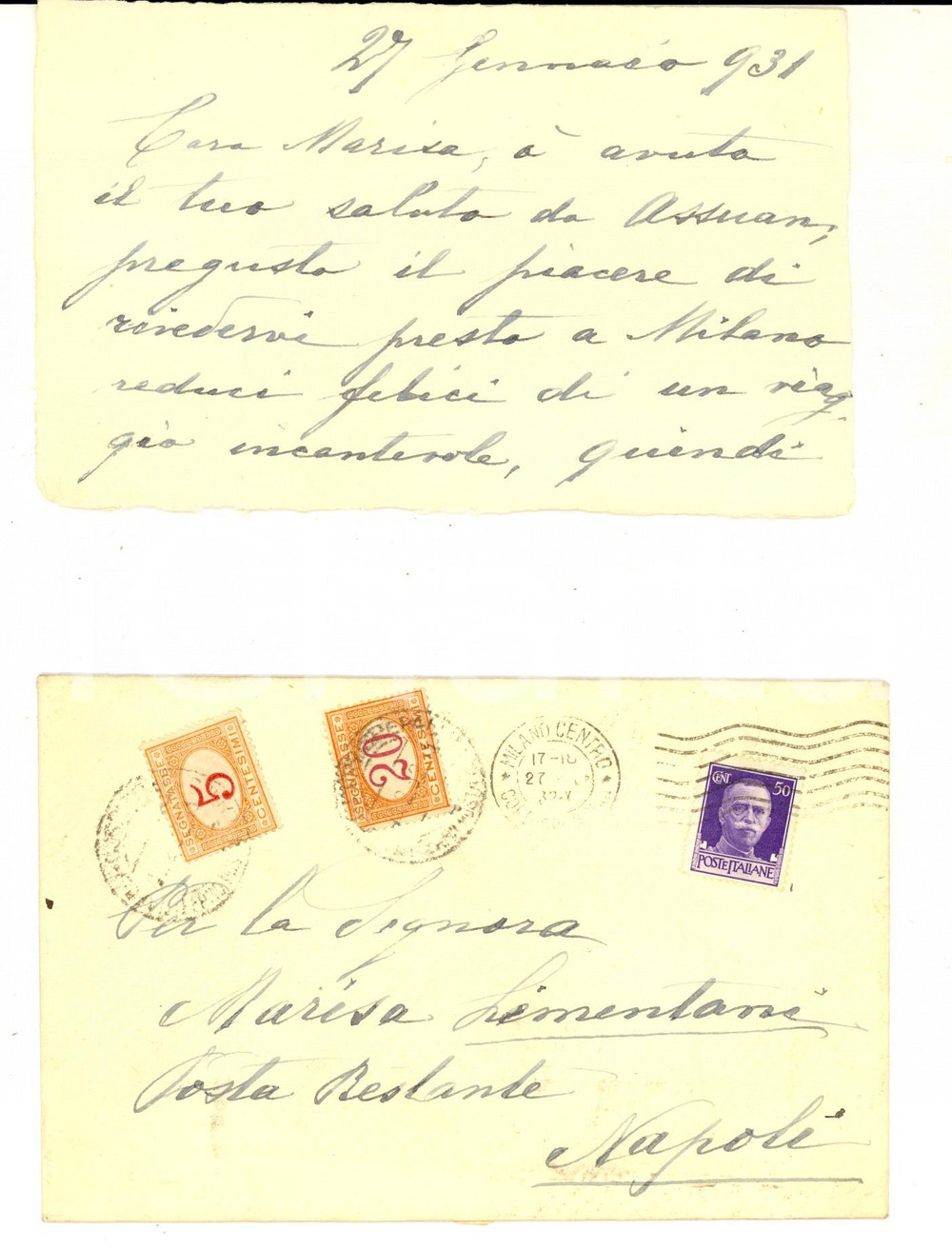 Cartolina originale da collezione 1931 STORIA POSTALE REGNO Lettera LIMENTANI affrancatura L. 5 + L. 20 SEGNATASSE 1